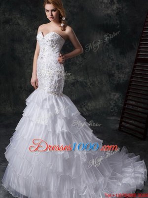 Eye-catching Brush Train Mermaid Bridal Gown White Sweetheart Organza Sleeveless Lace Up