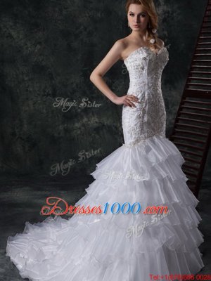 Eye-catching Brush Train Mermaid Bridal Gown White Sweetheart Organza Sleeveless Lace Up