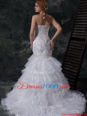 Eye-catching Brush Train Mermaid Bridal Gown White Sweetheart Organza Sleeveless Lace Up