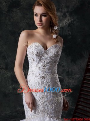 Eye-catching Brush Train Mermaid Bridal Gown White Sweetheart Organza Sleeveless Lace Up