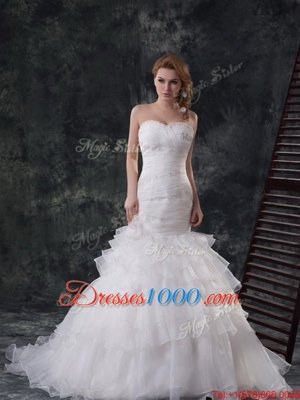Mermaid White Lace Up Bridal Gown Beading and Ruffled Layers Sleeveless With Train