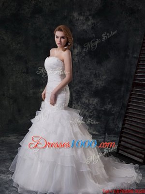 Mermaid White Lace Up Bridal Gown Beading and Ruffled Layers Sleeveless With Train