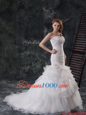 Mermaid White Lace Up Bridal Gown Beading and Ruffled Layers Sleeveless With Train