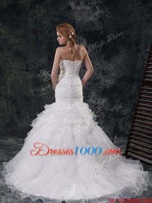 Mermaid White Lace Up Bridal Gown Beading and Ruffled Layers Sleeveless With Train