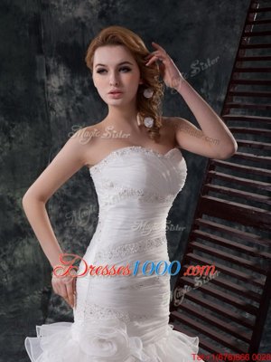 Mermaid White Lace Up Bridal Gown Beading and Ruffled Layers Sleeveless With Train