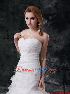 Mermaid White Lace Up Bridal Gown Beading and Ruffled Layers Sleeveless With Train