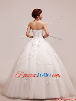 Affordable Tulle Sleeveless Floor Length Bridal Gown and Appliques and Ruching and Hand Made Flower