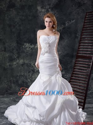 Mermaid Sleeveless Brush Train Lace Up With Train Beading and Pick Ups and Hand Made Flower Wedding Dress