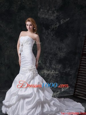 Mermaid Sleeveless Brush Train Lace Up With Train Beading and Pick Ups and Hand Made Flower Wedding Dress