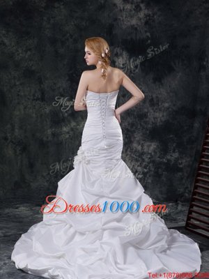 Mermaid Sleeveless Brush Train Lace Up With Train Beading and Pick Ups and Hand Made Flower Wedding Dress