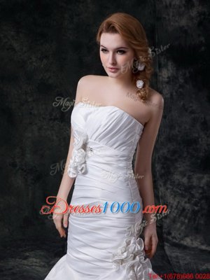 Mermaid Sleeveless Brush Train Lace Up With Train Beading and Pick Ups and Hand Made Flower Wedding Dress