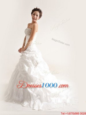 Strapless Sleeveless Wedding Gown With Train Court Train Beading and Pick Ups White Taffeta