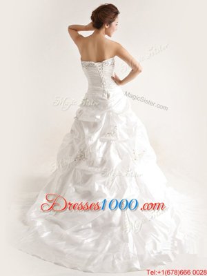 Strapless Sleeveless Wedding Gown With Train Court Train Beading and Pick Ups White Taffeta