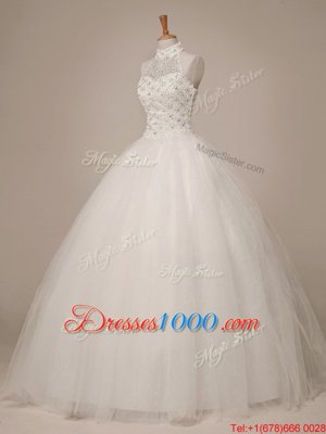 Pretty Halter Top Sleeveless Lace Up Wedding Dress White Tulle