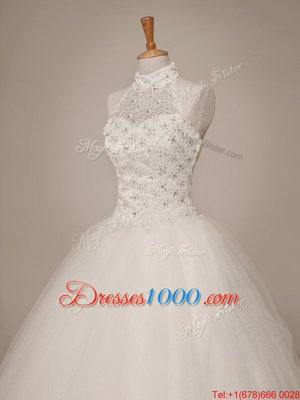 Pretty Halter Top Sleeveless Lace Up Wedding Dress White Tulle
