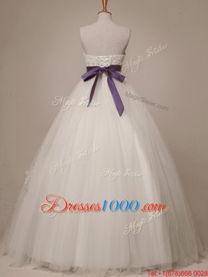 Best White A-line Strapless Sleeveless Tulle Floor Length Lace Up Beading and Appliques and Sashes|ribbons Wedding Dresses