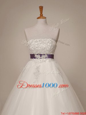 Best White A-line Strapless Sleeveless Tulle Floor Length Lace Up Beading and Appliques and Sashes|ribbons Wedding Dresses