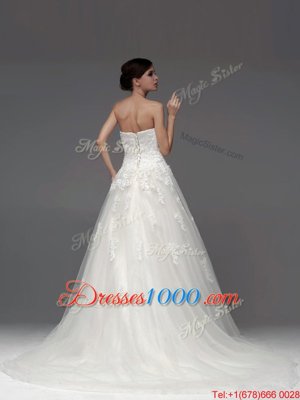 Strapless Sleeveless Tulle Wedding Gown Appliques Brush Train Lace Up