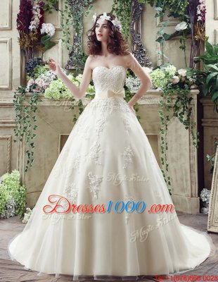 Custom Design Champagne Wedding Gowns Wedding Party and For with Lace and Appliques and Bowknot Sweetheart Sleeveless Court Train Lace Up