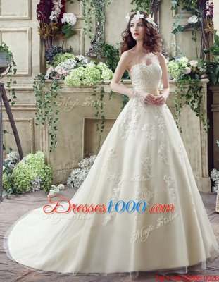 Custom Design Champagne Wedding Gowns Wedding Party and For with Lace and Appliques and Bowknot Sweetheart Sleeveless Court Train Lace Up