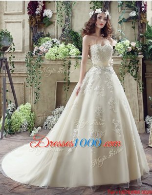 Custom Design Champagne Wedding Gowns Wedding Party and For with Lace and Appliques and Bowknot Sweetheart Sleeveless Court Train Lace Up