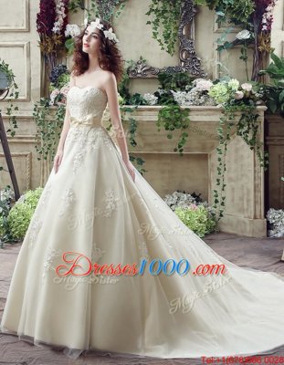 Custom Design Champagne Wedding Gowns Wedding Party and For with Lace and Appliques and Bowknot Sweetheart Sleeveless Court Train Lace Up