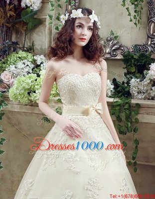 Custom Design Champagne Wedding Gowns Wedding Party and For with Lace and Appliques and Bowknot Sweetheart Sleeveless Court Train Lace Up