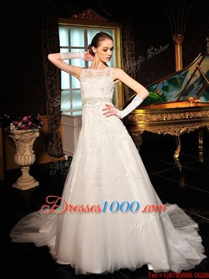 Scalloped Tulle and Lace Sleeveless Wedding Gowns Court Train and Lace
