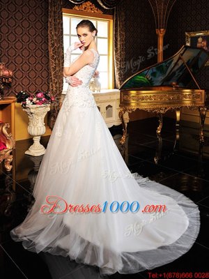 Scalloped Tulle and Lace Sleeveless Wedding Gowns Court Train and Lace