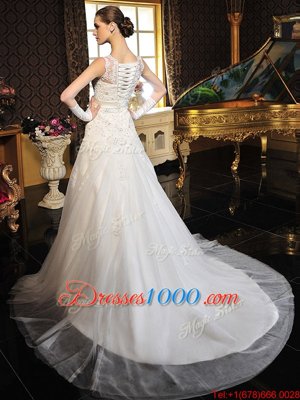 Scalloped Tulle and Lace Sleeveless Wedding Gowns Court Train and Lace