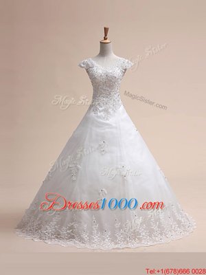With Train White Wedding Dress Tulle Court Train Sleeveless Beading and Appliques and Bowknot
