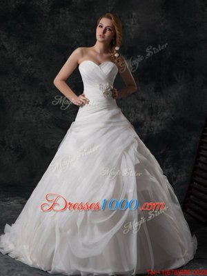 Elegant V-neck Sleeveless Bridal Gown Brush Train Ruffled Layers and Hand Made Flower White Organza