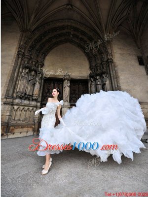 Fashionable One Shoulder Sleeveless Cathedral Train Lace Up Wedding Dress White Organza