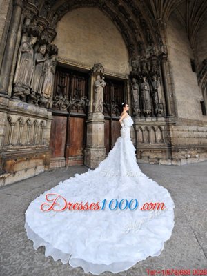 Fashionable One Shoulder Sleeveless Cathedral Train Lace Up Wedding Dress White Organza