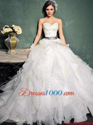 Best Selling White Organza Lace Up Wedding Gown Sleeveless Brush Train Beading and Ruffles and Belt