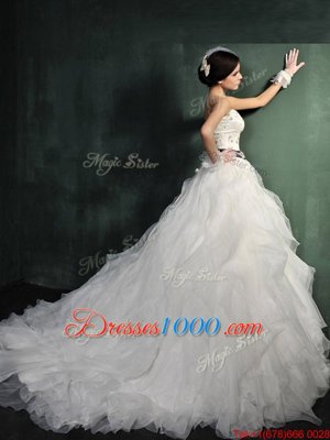 Best Selling White Organza Lace Up Wedding Gown Sleeveless Brush Train Beading and Ruffles and Belt