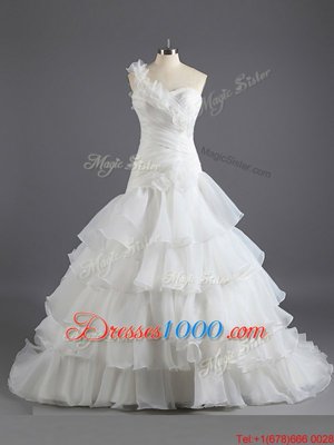 Graceful Sweetheart Sleeveless Chiffon Bridal Gown Beading and Ruffled Layers and Ruching Court Train Lace Up