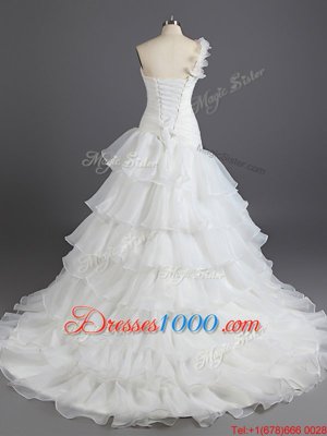 Graceful Sweetheart Sleeveless Chiffon Bridal Gown Beading and Ruffled Layers and Ruching Court Train Lace Up