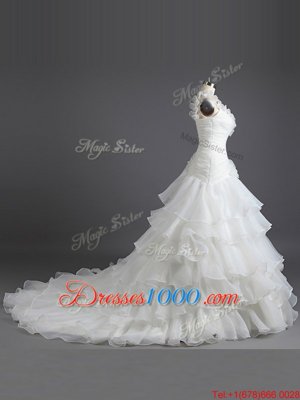 Graceful Sweetheart Sleeveless Chiffon Bridal Gown Beading and Ruffled Layers and Ruching Court Train Lace Up