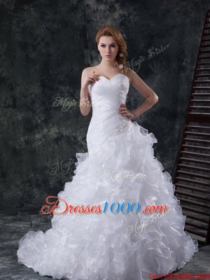 White Sleeveless With Train Beading and Appliques and Ruffles Lace Up Wedding Dress
