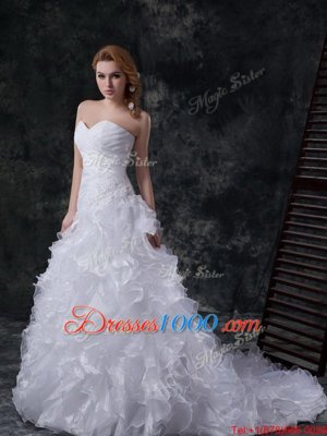 White Sleeveless With Train Beading and Appliques and Ruffles Lace Up Wedding Dress