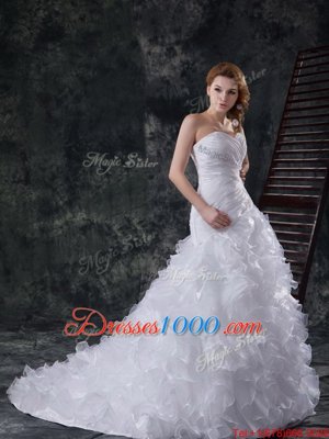 White Sleeveless With Train Beading and Appliques and Ruffles Lace Up Wedding Dress