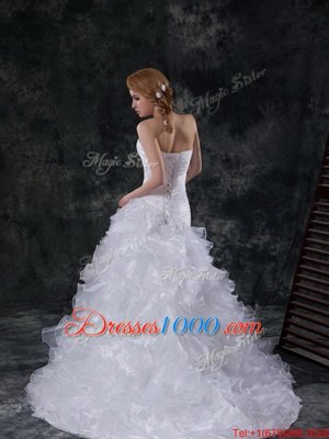 White Sleeveless With Train Beading and Appliques and Ruffles Lace Up Wedding Dress