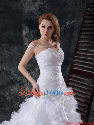 White Sleeveless With Train Beading and Appliques and Ruffles Lace Up Wedding Dress