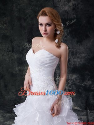 White Sleeveless With Train Beading and Appliques and Ruffles Lace Up Wedding Dress