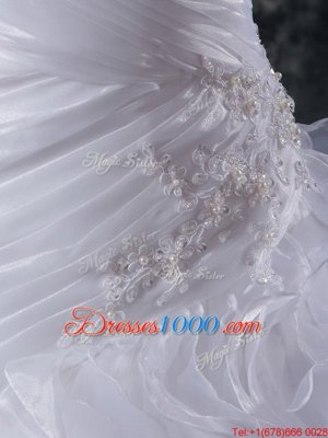 White Sleeveless With Train Beading and Appliques and Ruffles Lace Up Wedding Dress