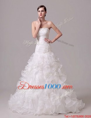 Cheap Court Train Column/Sheath Wedding Gown White Strapless Organza Sleeveless With Train Lace Up