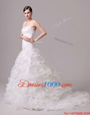 Cheap Court Train Column/Sheath Wedding Gown White Strapless Organza Sleeveless With Train Lace Up