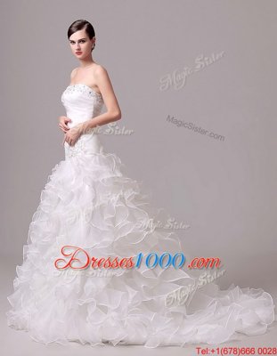 Cheap Court Train Column/Sheath Wedding Gown White Strapless Organza Sleeveless With Train Lace Up