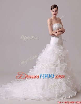 Cheap Court Train Column/Sheath Wedding Gown White Strapless Organza Sleeveless With Train Lace Up